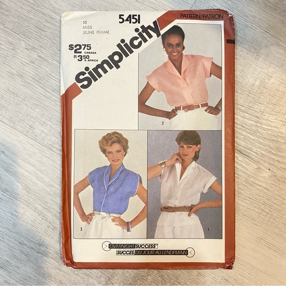 Simplicity 5451 Sewing Pattern - Misses Shirt Pattern from 1982 Size 10 Complete